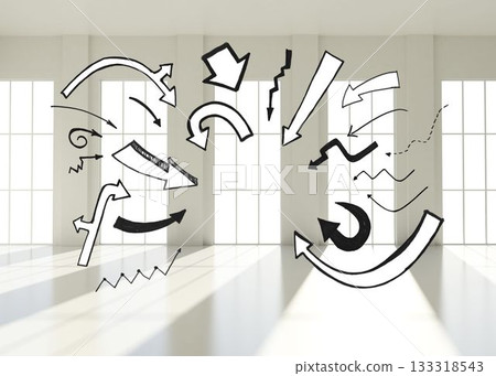 Black white arrows in room with windows Black white arrows in room with windows 133318543