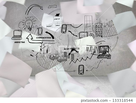 White paper in front of grey wall with graphic White paper in front of grey wall with graphic 133318544