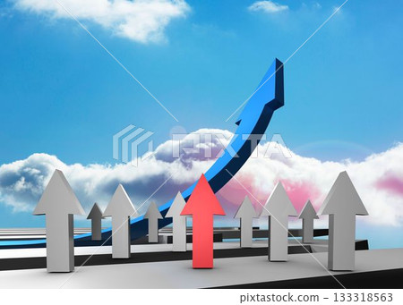 Red grey and blue arrows pointing up against sky 133318563