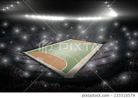 Flat illustration is showing empty court in arena with floodlights, goal frames, phone lights 133318579