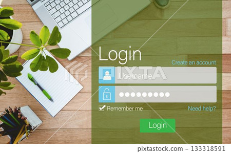 Login page against laptop on office desk Login page against laptop on office desk 133318591