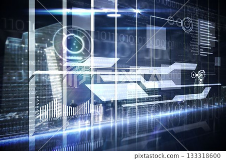 Hologram interface in office overlooking city 133318600