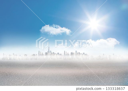 Flat design panoramic modern city skyline is rising above misty water under bright sun and clouds 133318637