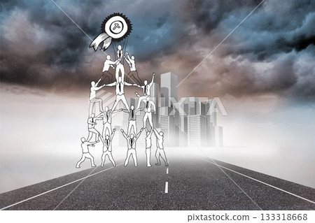 Pyramid of figures over cityscape on street Pyramid of figures over cityscape on street 133318668