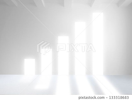 Five light shafts are casting reflections on floor in flat design interior with beams, copy space 133318683