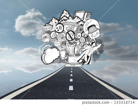 Drawn illustration on sky background with road Drawn illustration on sky background with road 133318714
