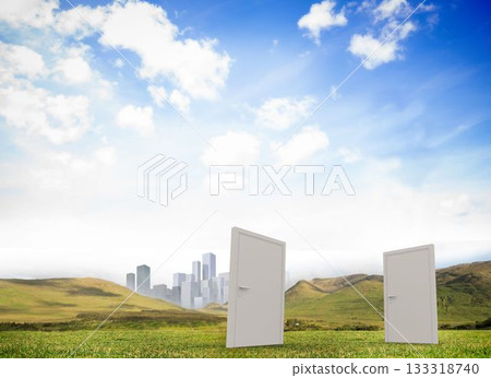 Two white doors are standing in flat design green meadow with rolling hills, modern city skyline Two white doors are standing in flat design green meadow with rolling hills, modern city skyline 133318740