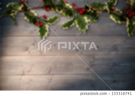 Flat design holly garland is being hung across wooden plank backdrop featuring red berry clusters Flat design holly garland is being hung across wooden plank backdrop featuring red berry clusters 133318741