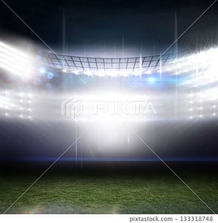 Stadium pitch is glowing under floodlights in flat design illustration, with light beams on grass 133318748