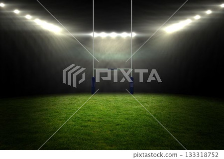 Flat design rugby goalpost towering over grass pitch with bases under floodlights Flat design rugby goalpost towering over grass pitch with bases under floodlights 133318752