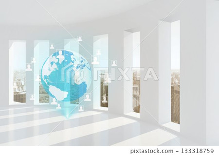 Translucent hologram Earth globe is floating in 3D room with windows, lines connecting avatar icons Translucent hologram Earth globe is floating in 3D room with windows, lines connecting avatar icons 133318759