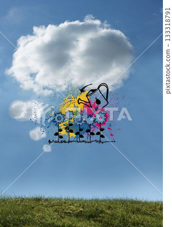 Watering can graphic with cogwheels on bright sky 133318791