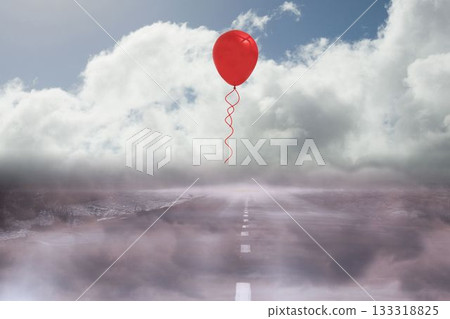 Red helium balloon is floating above misty two-lane highway under dense cloud cover, flat design Red helium balloon is floating above misty two-lane highway under dense cloud cover, flat design 133318825