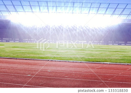 Synthetic track lanes are stretching across flat design stadium under bright floodlights Synthetic track lanes are stretching across flat design stadium under bright floodlights 133318830