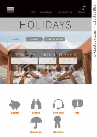Flat design webpage showing beach scene with couple reclining on chairs, navbar and booking form 133318869