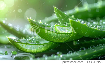 Close-up of an aloe leaf with water droplets 133318953