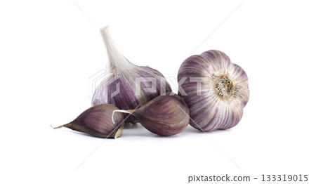 Fresh, organic purple garlic bulbs and cloves, beautifully isolated on white. Fresh, organic purple garlic bulbs and cloves, beautifully isolated on white. 133319015