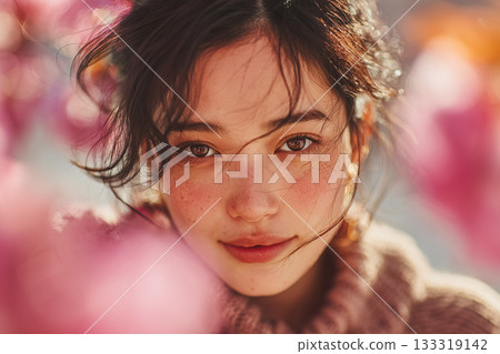 Portrait of a smiling woman surrounded by spring flowers 133319142