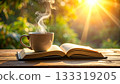 A steaming mug and a book on a natural wooden table 133319205