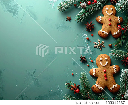 聖誕節靜物擺設,薑餅置於藍綠色背景上 聖誕節靜物擺設,薑餅置於藍綠色背景上 133319387