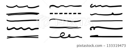 Underline line marker set. Hand drawn underline stroke and marker scribble text highlight, pen mark and pencil sketch frame. Rough brush stripe and strikethrough design. Vector 133319473