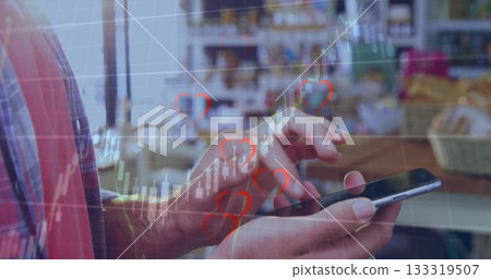 Man in flannel shirt scrolling smartphone in supermarket, showing heart icons, candlestick charts Man in flannel shirt scrolling smartphone in supermarket, showing heart icons, candlestick charts 133319507