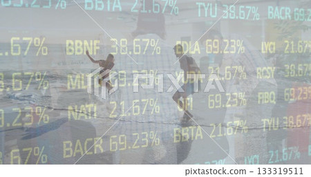 Running children wearing swimsuits splashing at beach shoreline, with stock ticker overlay Running children wearing swimsuits splashing at beach shoreline, with stock ticker overlay 133319511