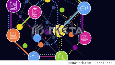 Displaying network diagram in graphic with icons of doc phone chat monitor search cloud laptop 133319632