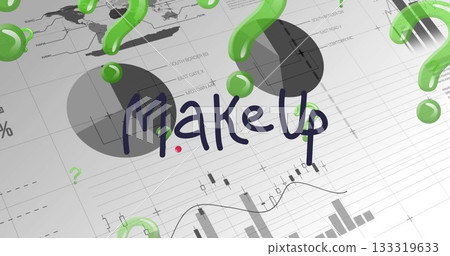 Showing central MakeUp text over infographic grid, with green question marks and grey pie charts 133319633