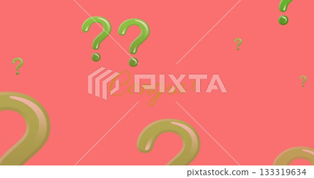 Showing large green question mark icon floating on coral-pink background, with gold cursive Congrat 133319634