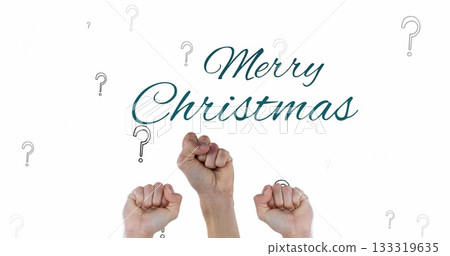Three raised fists rising on white with green Merry Christmas lettering, question marks Three raised fists rising on white with green Merry Christmas lettering, question marks 133319635
