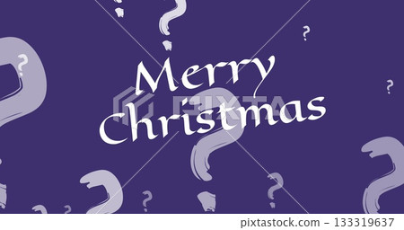 Displaying white Merry Christmas text on purple canvas, with light grey brushstroke question marks 133319637