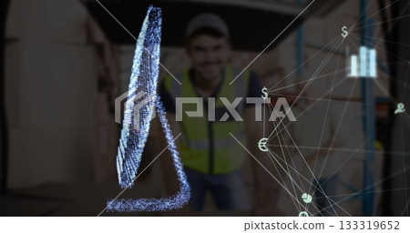Smiling worker wearing safety vest and cap viewing hologram at warehouse, with currency network Smiling worker wearing safety vest and cap viewing hologram at warehouse, with currency network 133319652