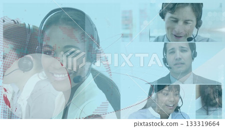 Smiling support agent wearing business casual attire and headset in office with digital map overlay Smiling support agent wearing business casual attire and headset in office with digital map overlay 133319664