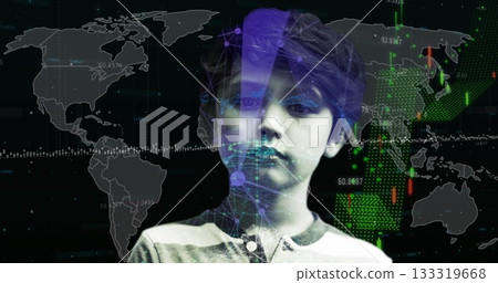 Showing boy wearing striped shirt on world map interface, with network nodes, candlestick charts 133319668