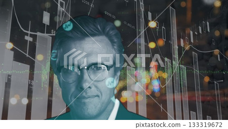 Man wearing suit jacket and glasses appearing in financial dashboard, with data charts and bokeh Man wearing suit jacket and glasses appearing in financial dashboard, with data charts and bokeh 133319672