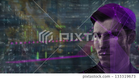 Projecting purple network financial data overlays on jacketed man against night skyline, copy space 133319673