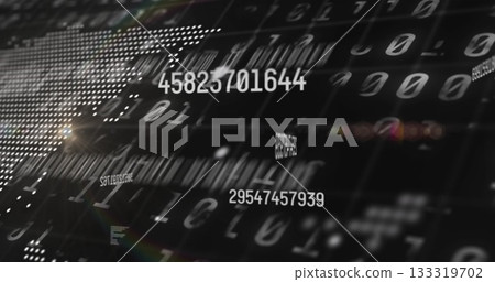 Floating numeric string drifting in data space with binary digits barcode bars and dot matrix globe 133319702