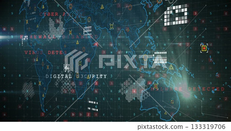 Displaying world map showing threat zones on virtual security interface, with warning icons 133319706
