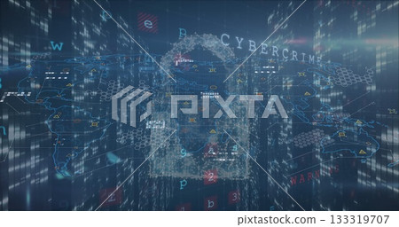 Floating padlock icon glowing over world map grid, highlighting hexagonal nodes and CYBERCRIME text Floating padlock icon glowing over world map grid, highlighting hexagonal nodes and CYBERCRIME text 133319707