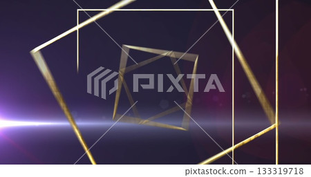 Showing golden cube rotating in gradient field with golden frames and lens flare effects Showing golden cube rotating in gradient field with golden frames and lens flare effects 133319718