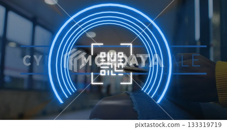 Woman in yellow sweater and ripped jeans holding smartphone in cafe, with Cyber Monday sale overlay Woman in yellow sweater and ripped jeans holding smartphone in cafe, with Cyber Monday sale overlay 133319719