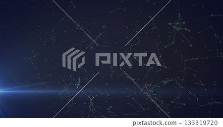 Floating abstract network visualization with glowing nodes and filaments in dark void, lens flare 133319720
