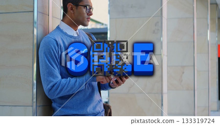 Leaning man using smartphone at metro station with shoulder bag, SE, QR code overlay, copy space Leaning man using smartphone at metro station with shoulder bag, SE, QR code overlay, copy space 133319724