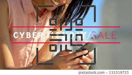 Using smartphone, woman in pink shirt viewing Cyber Monday sale in bright room, frame graphics Using smartphone, woman in pink shirt viewing Cyber Monday sale in bright room, frame graphics 133319725