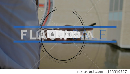 Man wearing shirt holding tablet showing FLASH SALE by water, 945-likes thumbs-up icon, copy space Man wearing shirt holding tablet showing FLASH SALE by water, 945-likes thumbs-up icon, copy space 133319727