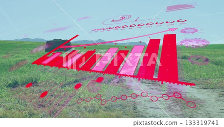 Digital AR data display appearing over rural grassland, showing red 3D bar chart and viral icons 133319741