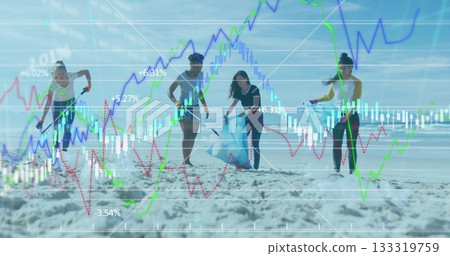 Collecting four volunteers picking up litter on sandy shoreline, with litter grabbers, data overlay Collecting four volunteers picking up litter on sandy shoreline, with litter grabbers, data overlay 133319759