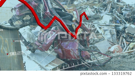 Mangled red car body resting in scrapyard, with grid overlay, red line graph data labels Mangled red car body resting in scrapyard, with grid overlay, red line graph data labels 133319762