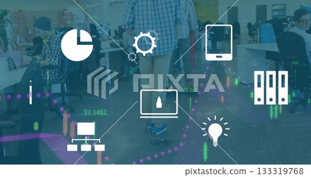 Skating man in checkered shirt on electric skateboard through open plan office with data icons Skating man in checkered shirt on electric skateboard through open plan office with data icons 133319768